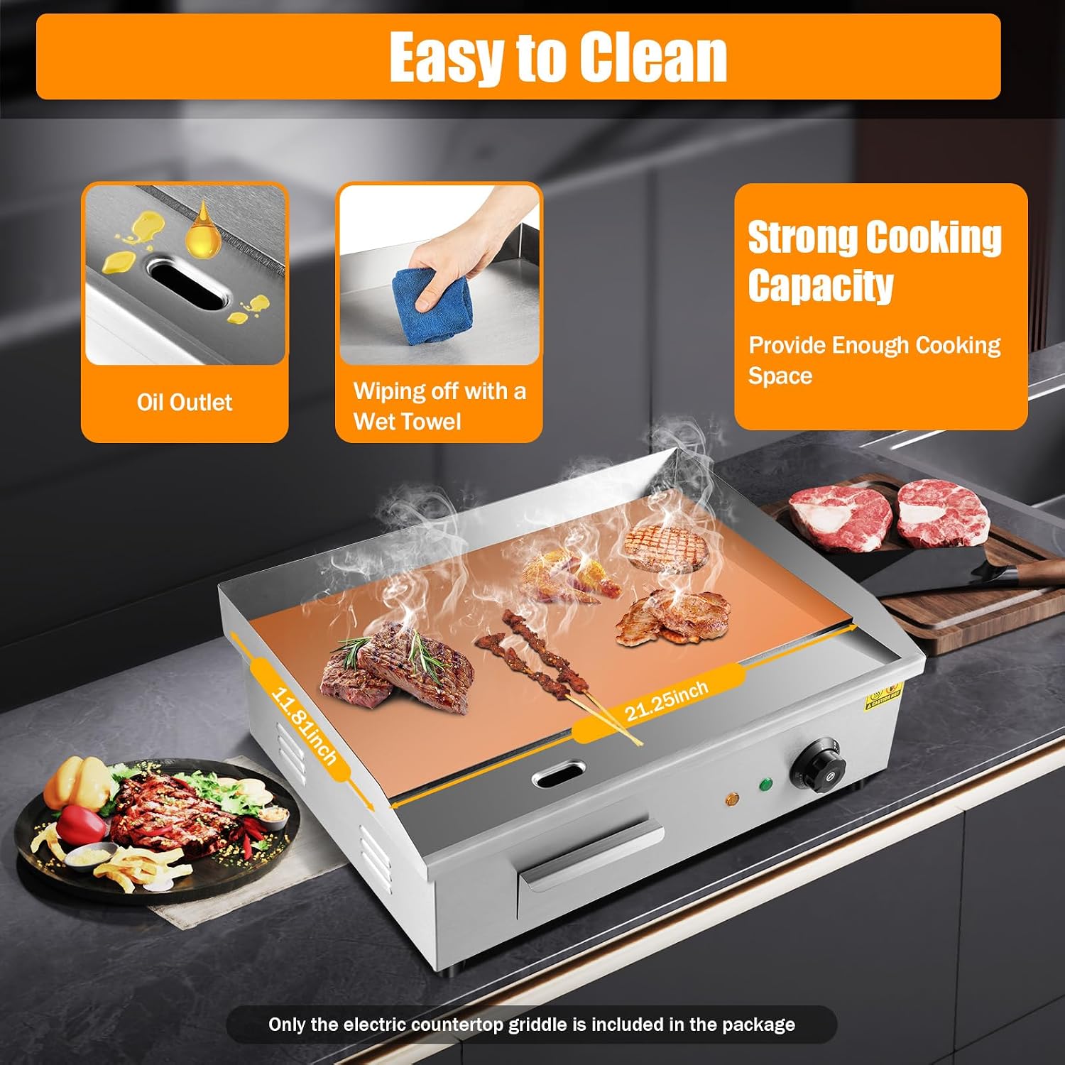 24'Commercial Electric Griddle Electric Countertop Griddle 3000W Restaurant Grill BBQ Flat Top 430 Stainless Steel Long Griddle Electric Nonstick Adjustable Thermostatic Control for Kitchen 110V