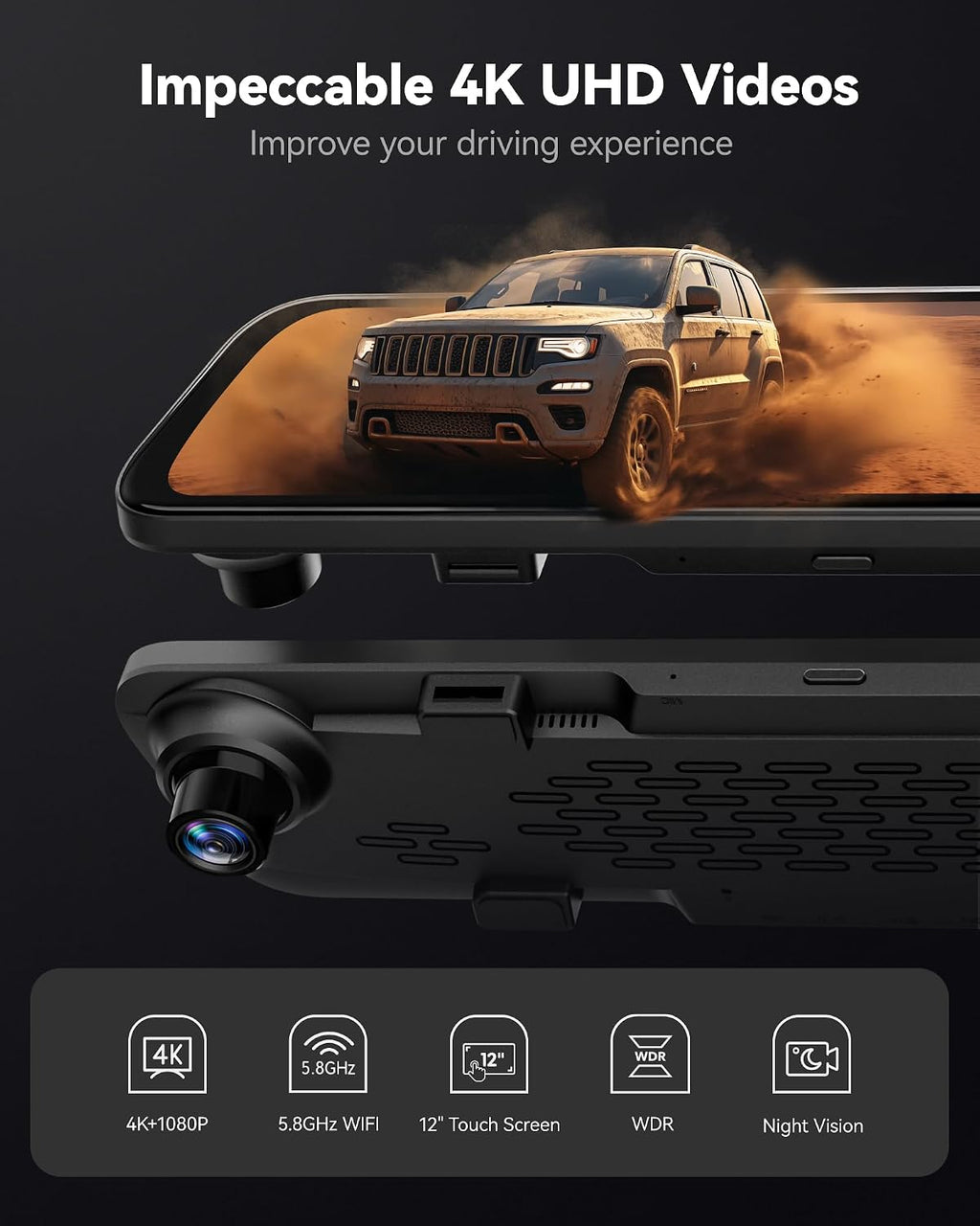 WOLFBOX G840S 12' 4K Mirror Dash Cam Backup Camera, 5.8GHz WiFi Smart Rearview Mirror for Cars & Trucks, Front and Rear View Dual Cameras, Night Vision, Parking Assistance, Included 32GB Card & GPS
