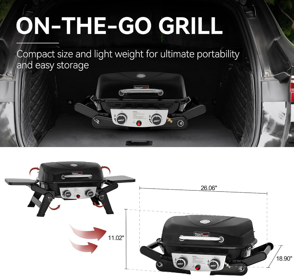2-Burner Portable Propane Gas Grill with Foldable Side Tables and Legs, Outdoor Tabletop Gas Grill with Warming Rack for Travel, Picnic, Tailgate, Camping, Black, GT2005-SC