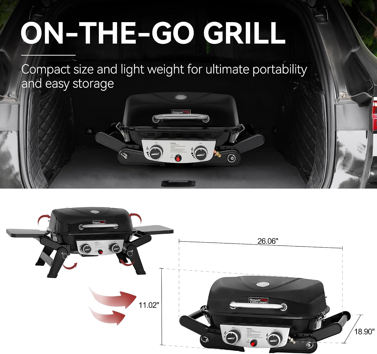 2-Burner Portable Propane Gas Grill with Foldable Side Tables and Legs, Outdoor Tabletop Gas Grill with Warming Rack for Travel, Picnic, Tailgate, Camping, Black, GT2005-SC
