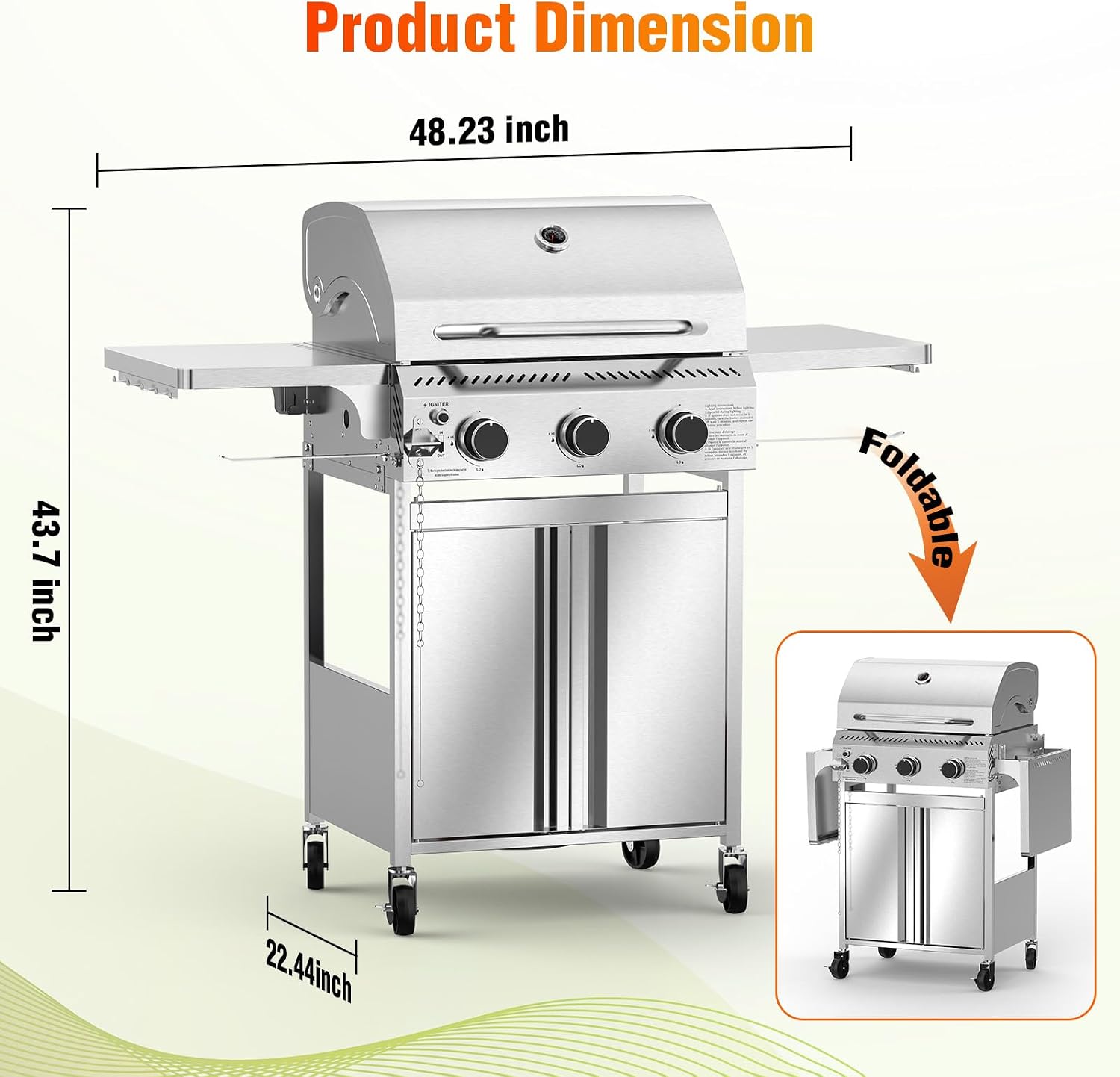 Electactic G31 Gas Grill, 3-Burner Gas Grill with Folding Side Tables,Stainless Steel 24,000 BTU BBQ Grill,Outdoor Propane Grill for Barbecue,Patio,Camping