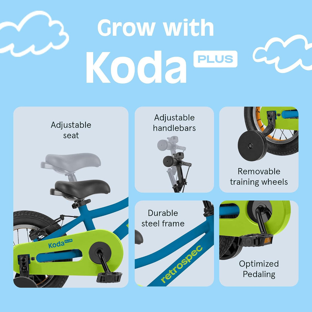 Retrospec Koda Plus Kids Bike for Boys & Girls Ages 2-3 Years - Children's Bicycle, Adjustable Seat & Handlebars, Removable Training Wheels, Front Hand Brakes, Rear Coaster Brake & Safety Bell