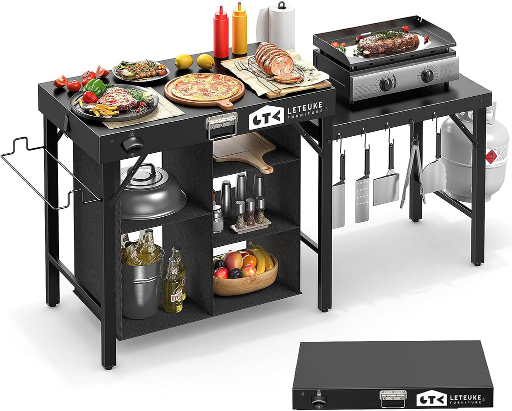 Leteuke Grill Table for Blackstone Griddle, Portable Foldable Grill Table with Storage Fits Ninja, Blackstone Griddle Stand for Outdoor Camping, Picnic, Garden, Patio, Dining, BBQ, Party