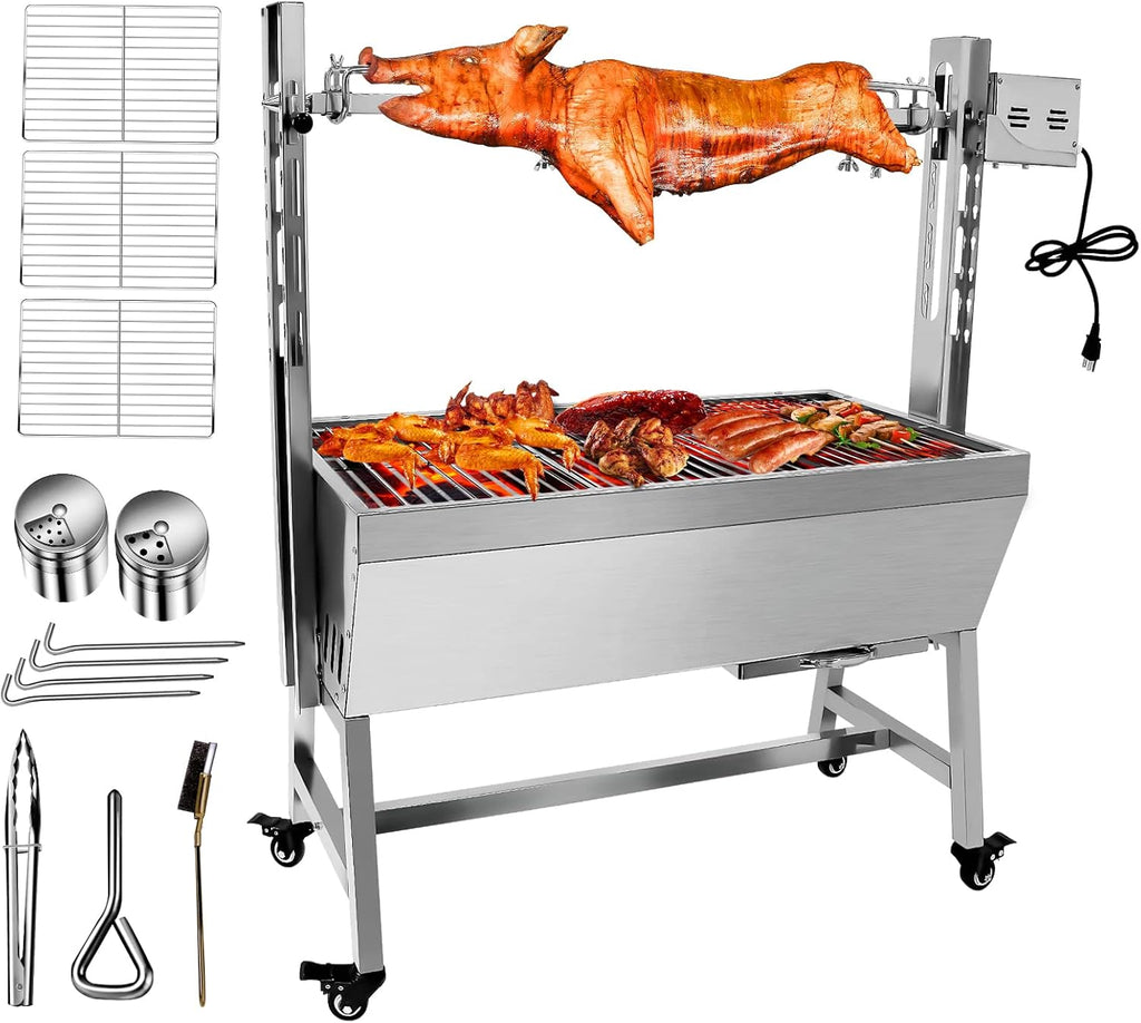 25W 37 Inch BBQ Outdoor Rotisserie Grill Roaster for Pig Lamb Goat - Stainless Steel Charcoal Spit for Camping Outdoor Kitchen Barbecue