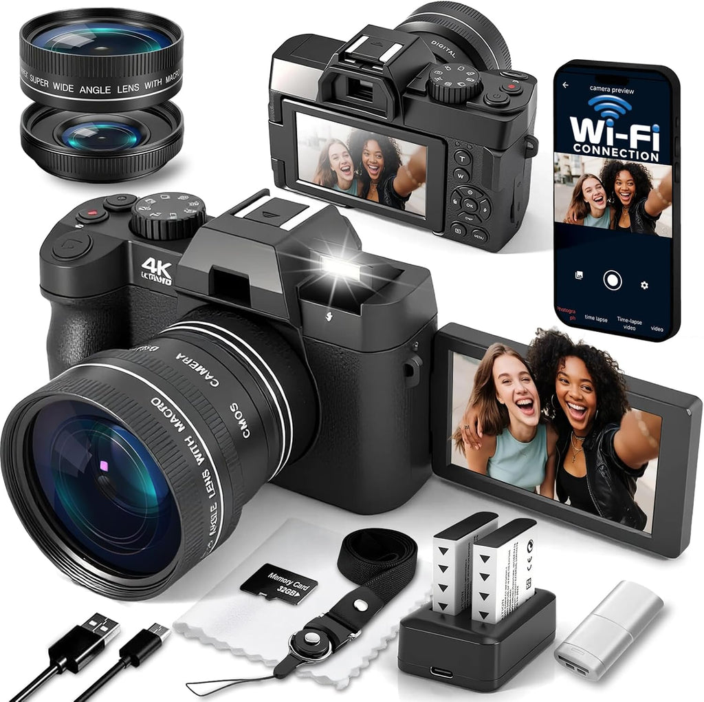 4K Digital Camera for Photography with WiFi Auto-Focus Vlogging Camera for YouTube with Flip Screen, Come with 2 Batteries, Wide & Macro Lens, MicroSD Card, Card Reader