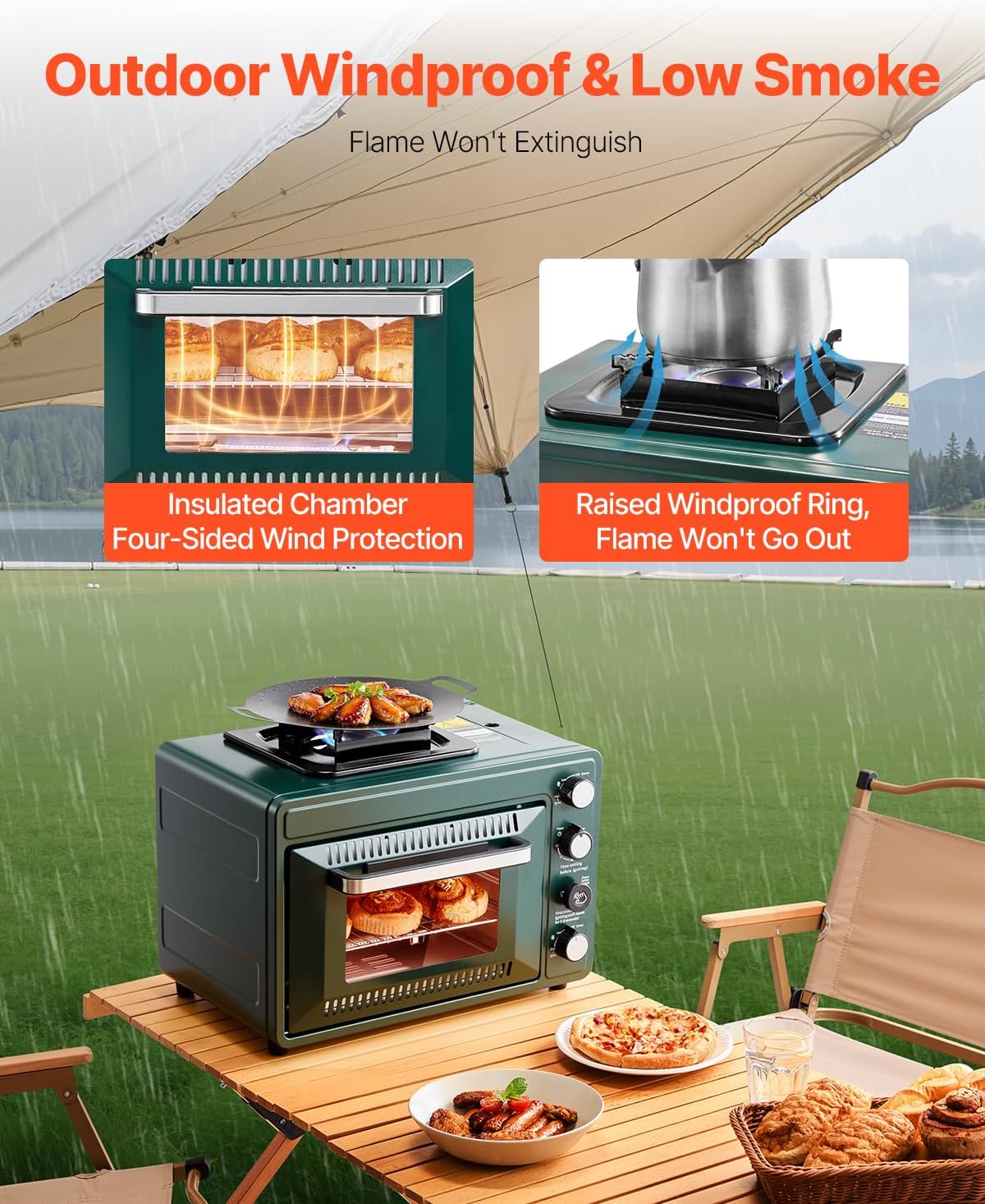 VEVOR Outdoor Camping Oven, 2-in-1 Portable Gas Camping Stove Oven Combo, Adjustable Fire, 60-Minute Timer, Windproof, for Camping Backyard Picnic Outdoor Cooking, Universal Butane Canister Compatible