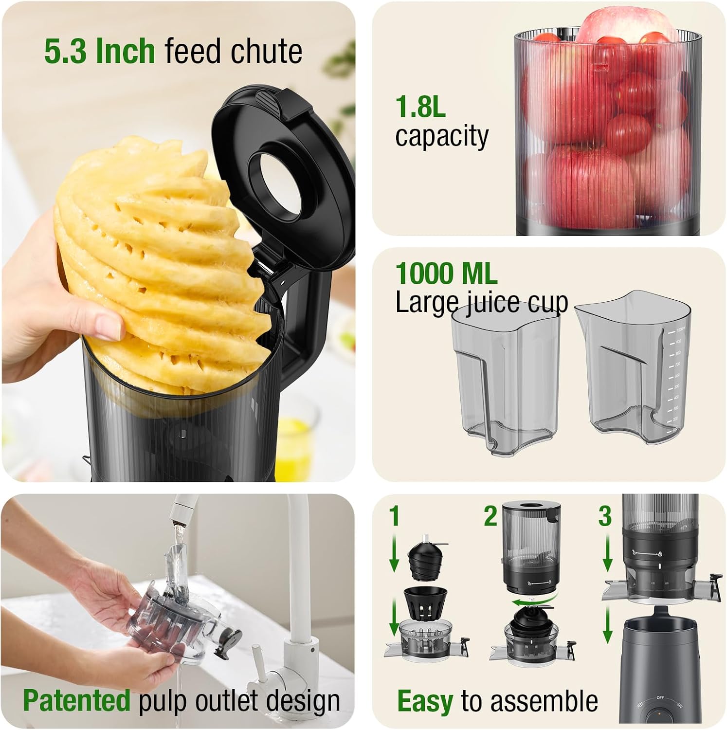TUUMIIST Cold Press Juicer Machine, 5.3 Inch Extra Large Feed Chute for Whole Fruits, Easy to Clean Slow Juicer, High Yield, BPA Free - Grey
