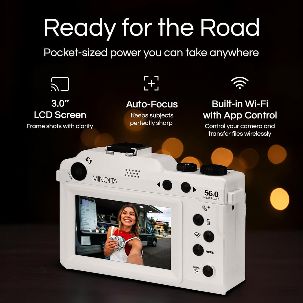 Minolta Digital Camera – 56MP Photos, 4K 60FPS Video, Dual-Lens Selfie Design, 18X Zoom, Wi-Fi, RAW/JPEG Capture, 3' LCD, Compact Travel Camera (Black)