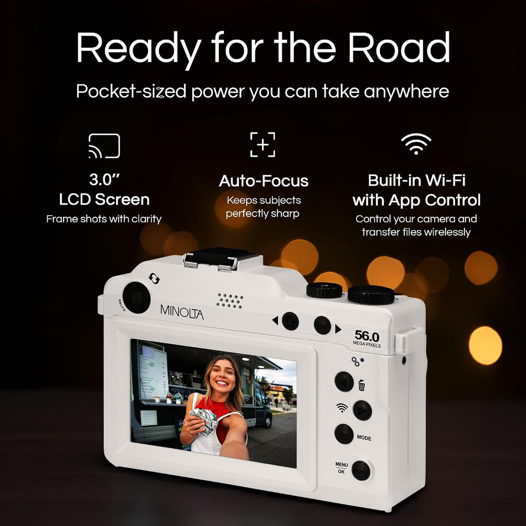 Minolta Digital Camera – 56MP Photos, 4K 60FPS Video, Dual-Lens Selfie Design, 18X Zoom, Wi-Fi, RAW/JPEG Capture, 3' LCD, Replaceable Faceplates (Black & Red), Compact Travel Camera (White)