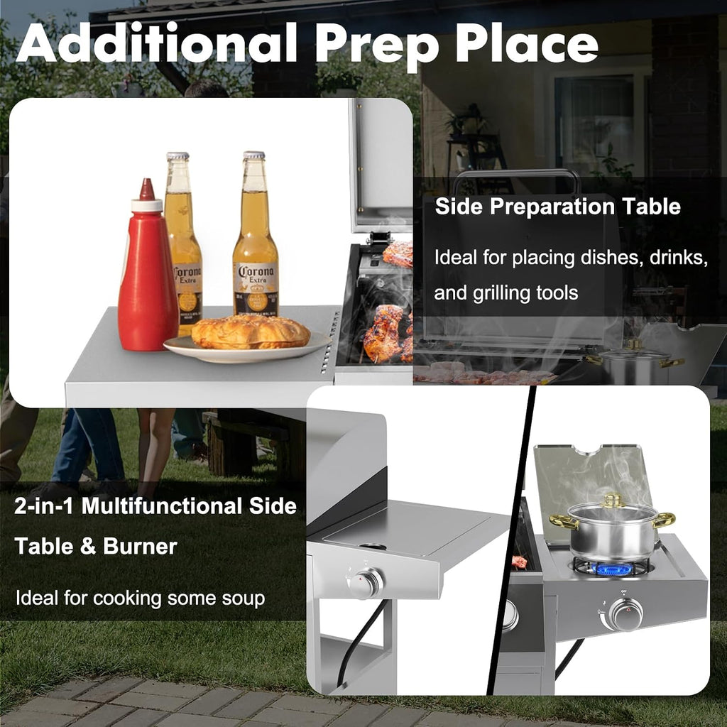 Giantex Propane Gas Grill 50,000 BTU, 4 Main Burners, 1 Side Burner, 2 Prep Tables, Stainless Steel Heavy-Duty BBQ Grill with 4 Wheels for Backyard Party Outdoor Cooking