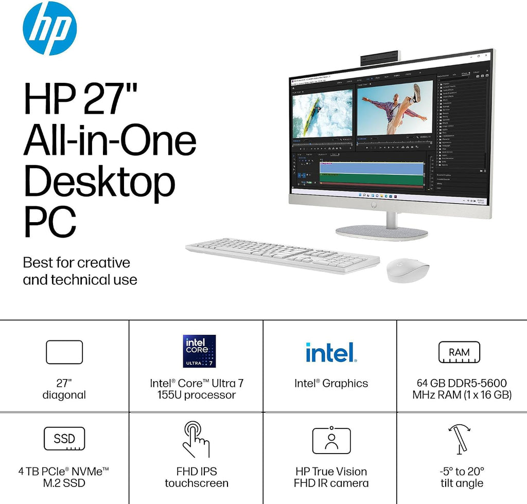 HP 27 All-in-One Desktop Computer, 27' FHD Touchscreen, Intel Ultra 7-155U(12-core), 64 GB DDR5, 4 TB SSD, Adjustable Angle, WiFi 6, Windows 11 Pro & Microsoft Office License, with Bonus Accessories