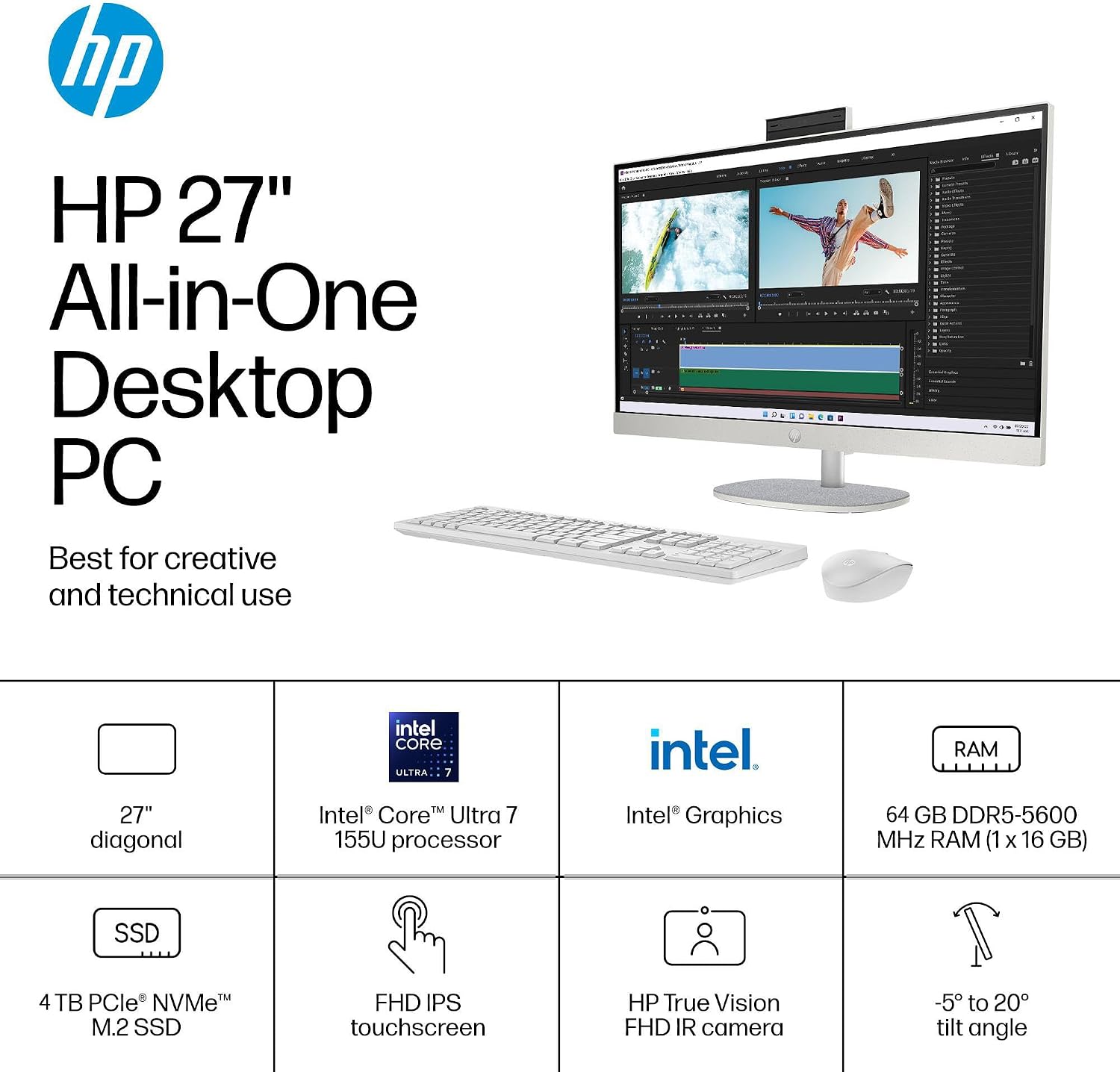 HP 27 All-in-One Desktop Computer, 27' FHD Touchscreen, Intel Ultra 7-155U(12-core), 64 GB DDR5, 4 TB SSD, Adjustable Angle, WiFi 6, Windows 11 Pro & Microsoft Office License, with Bonus Accessories