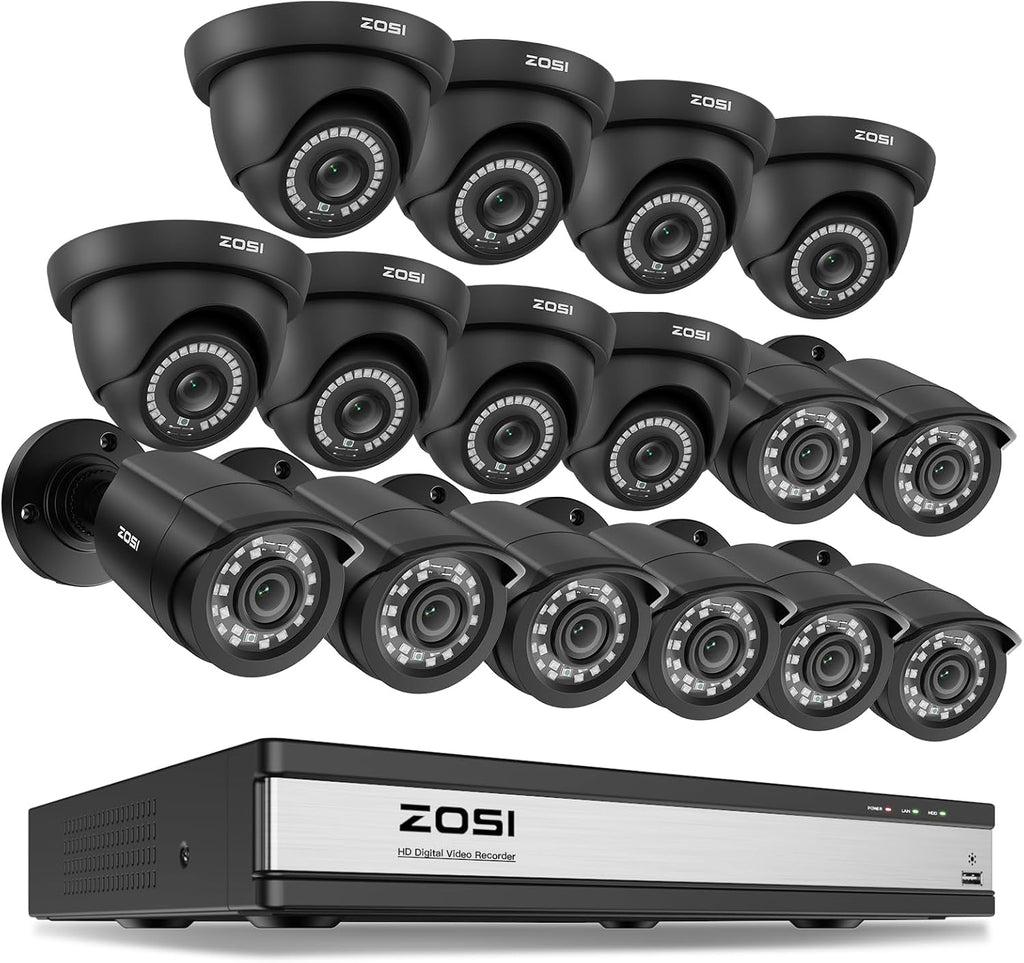 ZOSI 16CH 3K Lite Security Camera System Indoor Outdoor, AI Human Vehicle Detection, Night Vision, H.265+ 16 Channel CCTV DVR with 16pcs 1080p Weatherproof Surveillance Wired Cameras (No Hard Drive)
