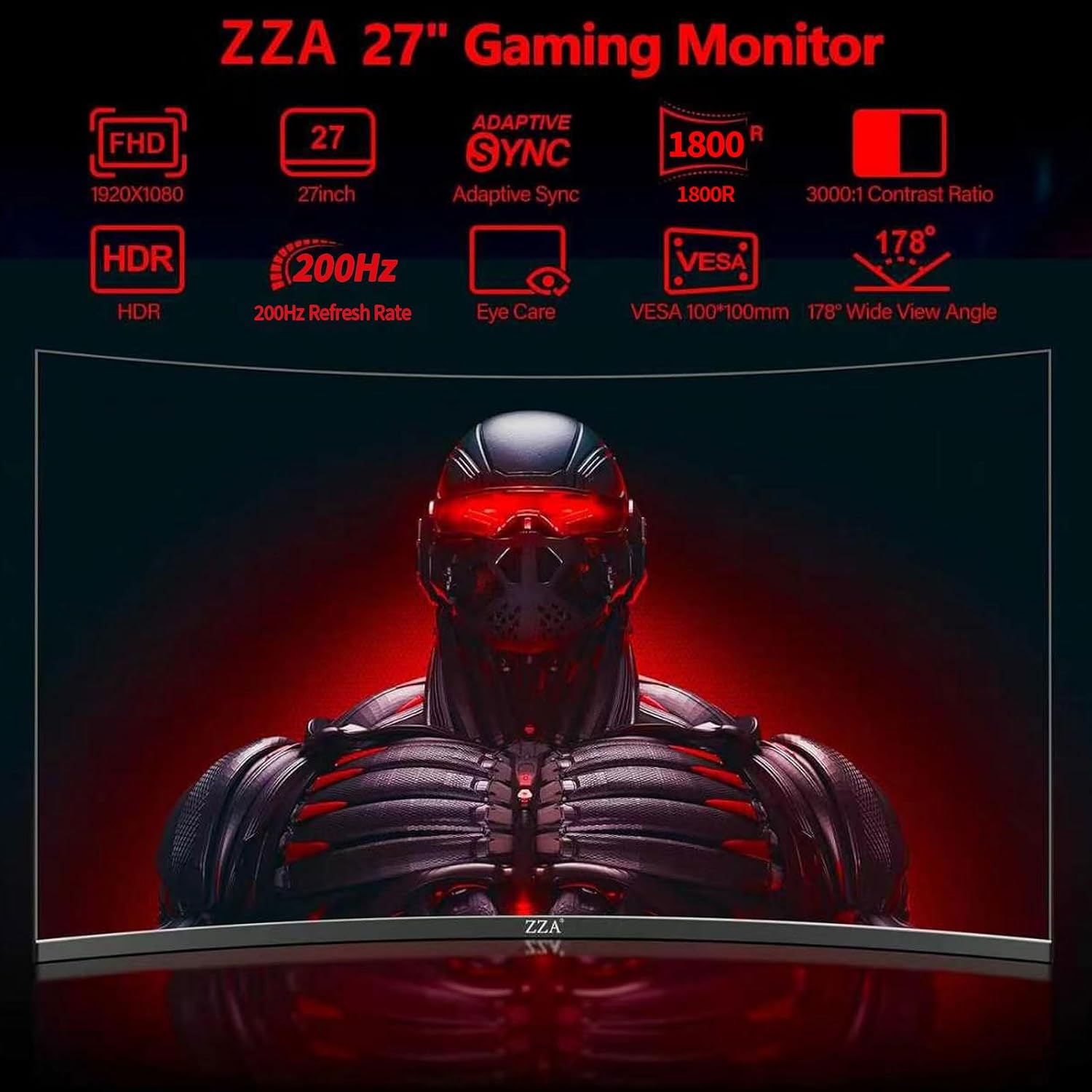 ZZA 27 Inch Curved Gaming Monitor 200Hz|180Hz|144HZ 1ms FHD 1080P Computer Screen FreeSync|130% sRGB|HDR|Low Blue Light|HDMI DP Ports|VESA Mount|Metal Stand