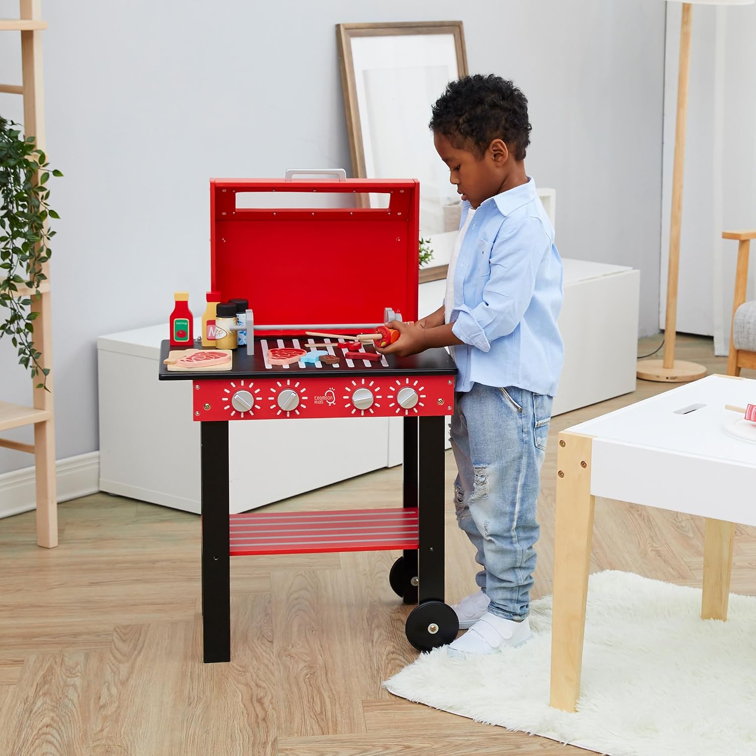 Teamson Kids Little Helper Backyard BBQ Grill Playset 25 Play Cooking Accessories, Pretend Play Kids Kitchen Preschool Playset, Red/Black