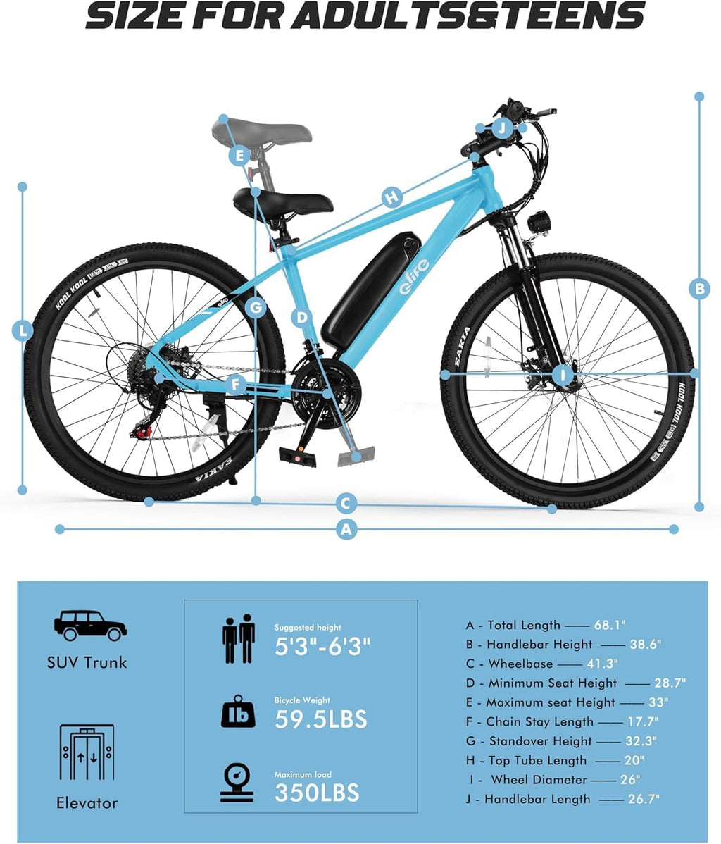 Qlife Racer Electric Bike for Adults - 21-Speed Mountain Lightweight Ebike with Peak 1000W/750W 25MPH/22MPH Brushless Motor, 375Wh Removable Battery, 26X2.1 Tire Step Over E-MTB, Up to 40 Miles
