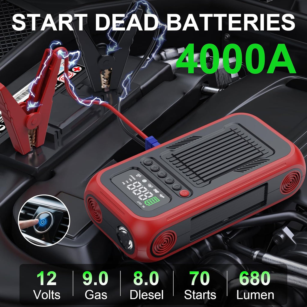 Tire Inflator Portable Air Compressor,12V Car Battery Jump Starter,5X Faster Air Pump For Car Tire with Digital Tire Pressure Gauge&LED Light&Auto Shut-Off,Cordless Pump for Car,Motor,Bicycle