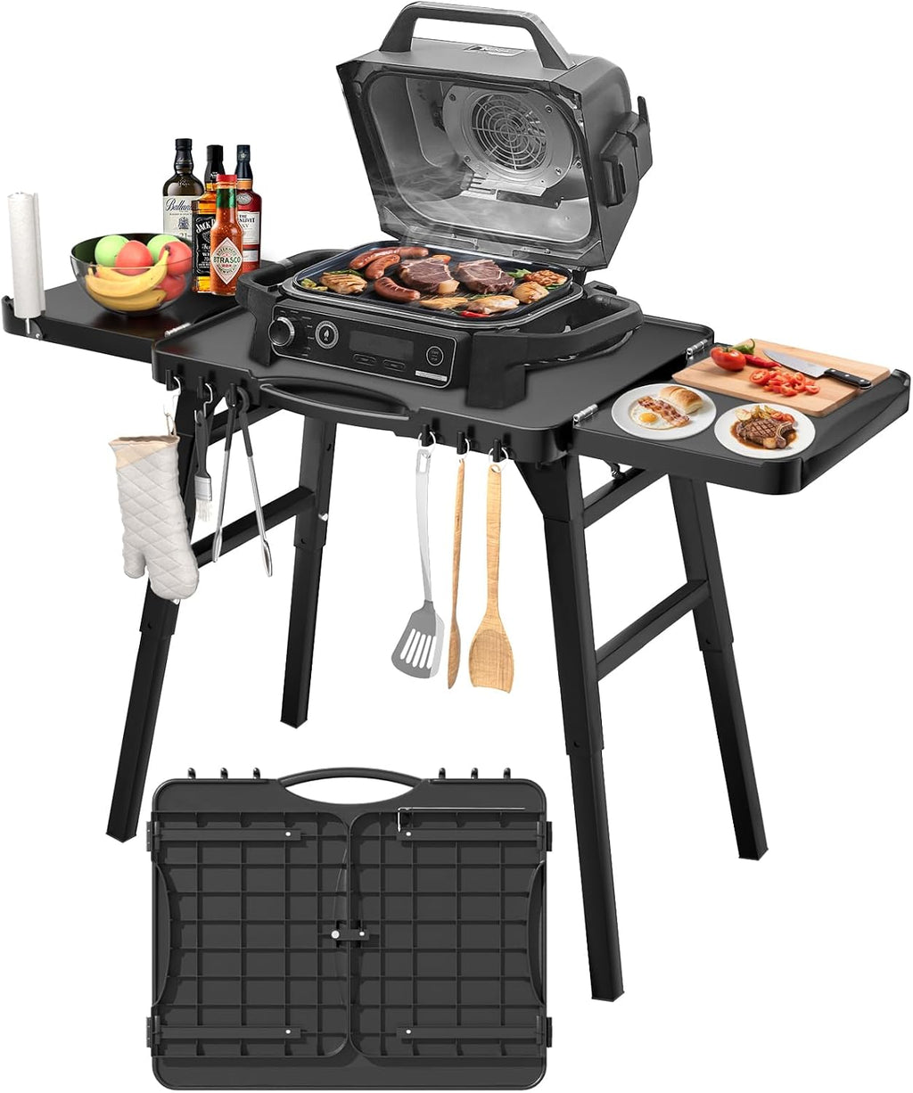 GRISUN Universal Folding Grill Cart | Portable Stand for Ninja Woodfire OG700/OG800/OG900, Blackstone, Ooni | 3-Height Adjustable