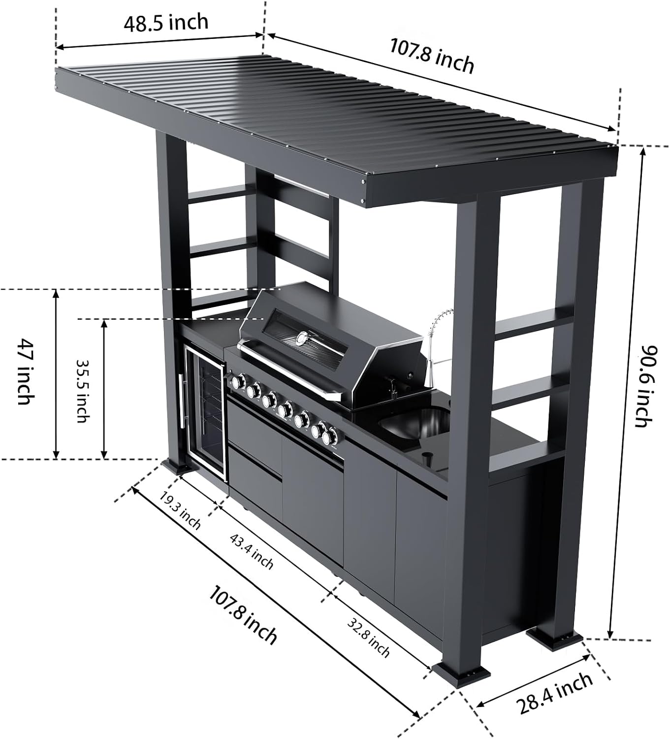 108-Inch 6-Burner 85000 BTU Propane Gas Grill Island with Shed, 304 Stainless Steel Black, 684 Sq.In Cooking Area, Wine Cooler, Rotisserie & Granite Countertops for Backyard BBQ, Black