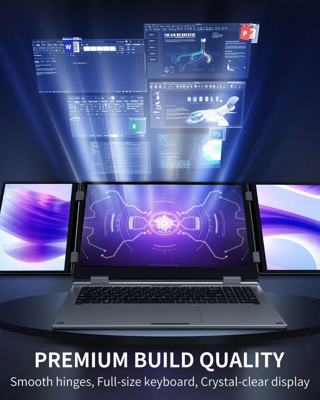 KOOFORWAY Triple Screen Laptop, 16' Main + Dual 10.5' Monitors, Core i7-12700H, 32GB RAM, 2TB SSD, Win 11 Pro, Wi-Fi 5, BT 5.0, Face & Fingerprint Unlock, USB-C, HDMI