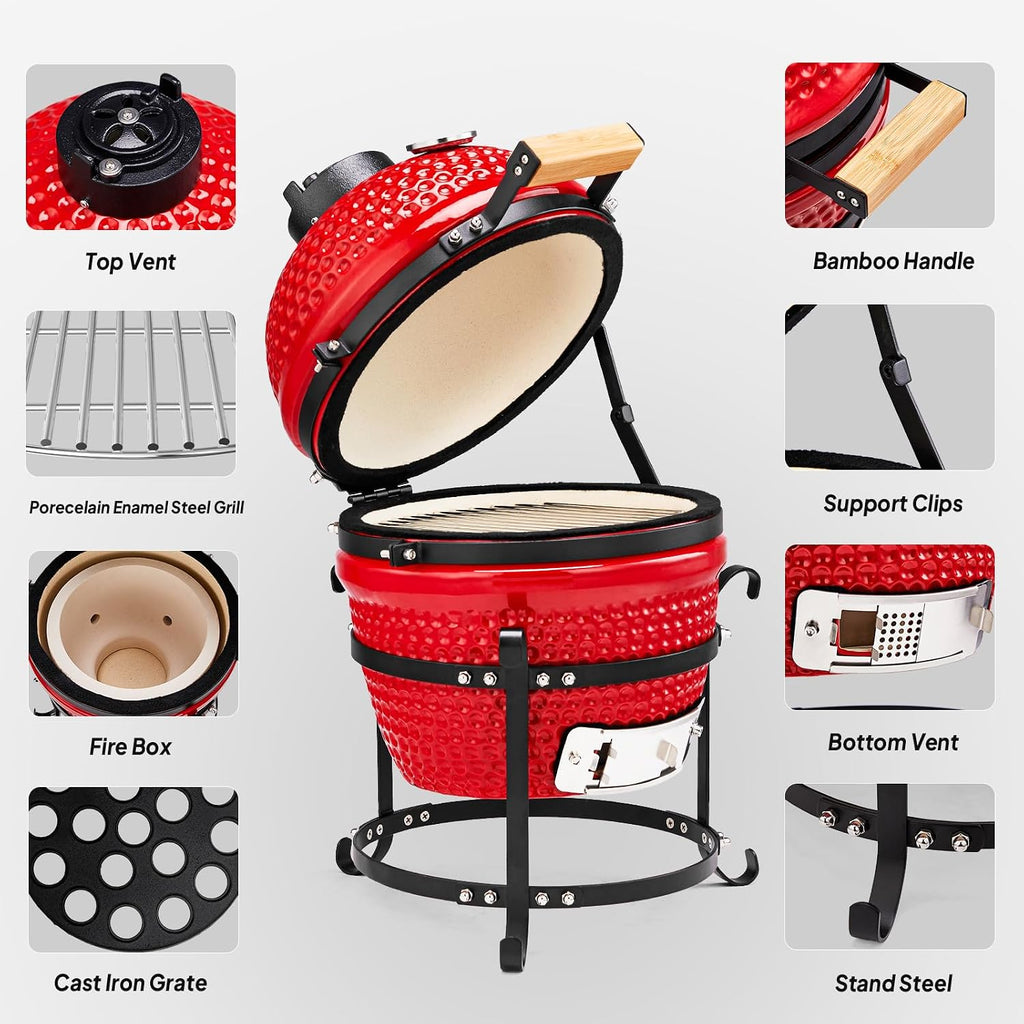 ROVSUN 13IN Red Spherical Ceramic Charcoal Grill with Inner Liner, Portable BBQ Smoker for Outdoor Cooking, Camping, and Backyard Grilling