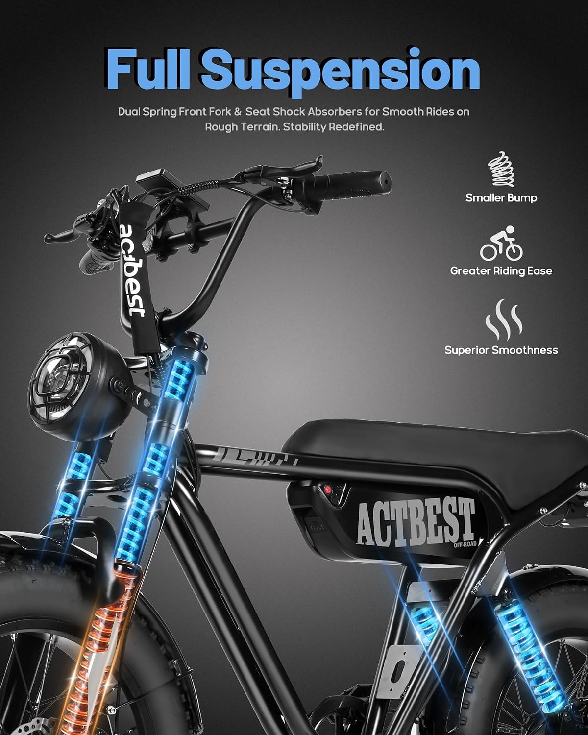 ACTBEST 16'/20'/26' Fat Tire Electric Bike for Adults/Teens, 1200W/1500W Peak Motor, 25MPH/28MPH & 55-75 Miles Long Range, Full Suspension All-Terrain eBike for Mountain,Snow,Sand
