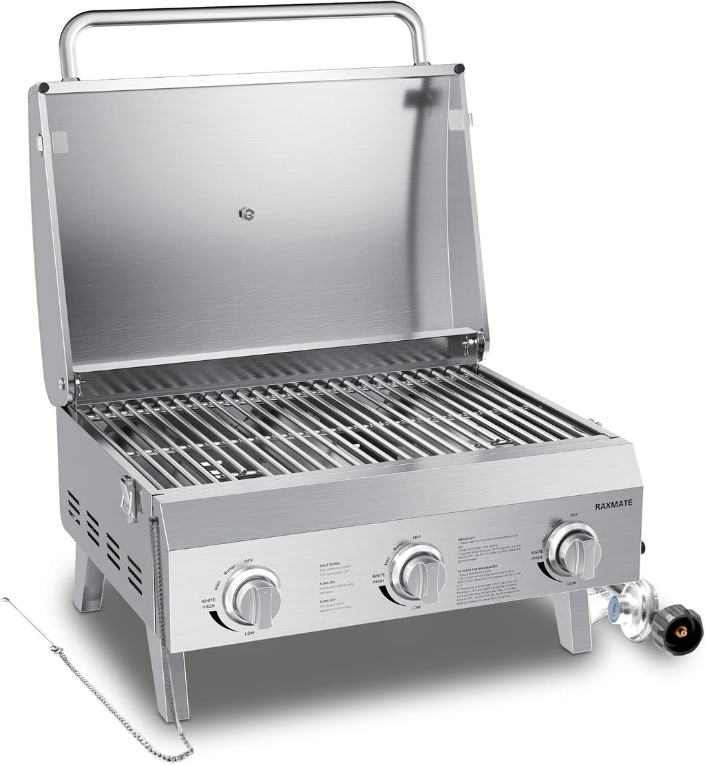 Tabletop Gas Grill 3-Burner, 22-inch Portable Propane Grill, 30,000 BTUs Stainless Steel Grill with Foldable Legs, Ideal for BBQ, Camping, Patio, Backyard, Tailgate, and Holiday Gatherings