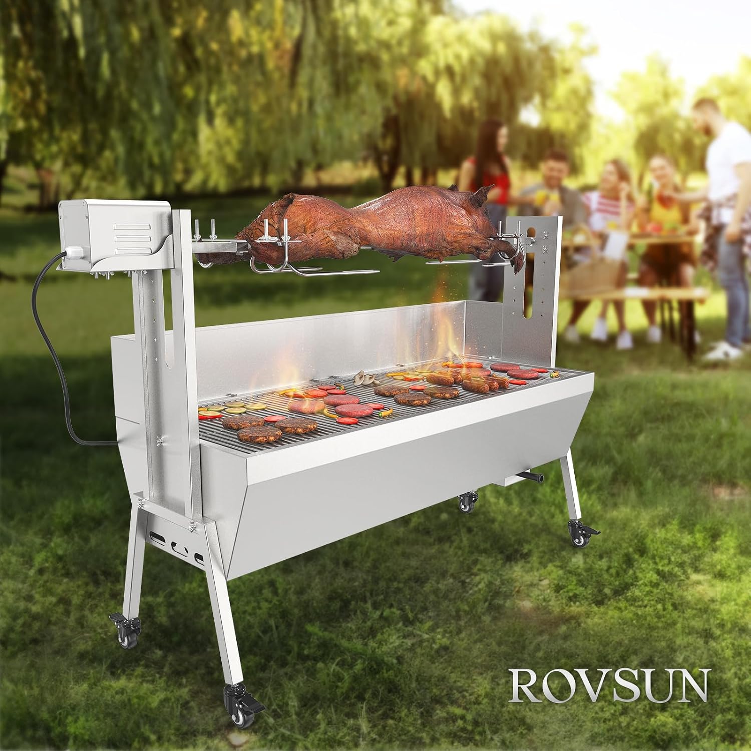 ROVSUN Rotisserie Grill Kit 46'' 176 Lbs Capacity, Electric Rotisserie Grill Pig Lamb Spit Roaster Stand w/Lockable Wheels Wind Baffle Adjustable Height, BBQ Spit Rod for Outdoor Party Camping