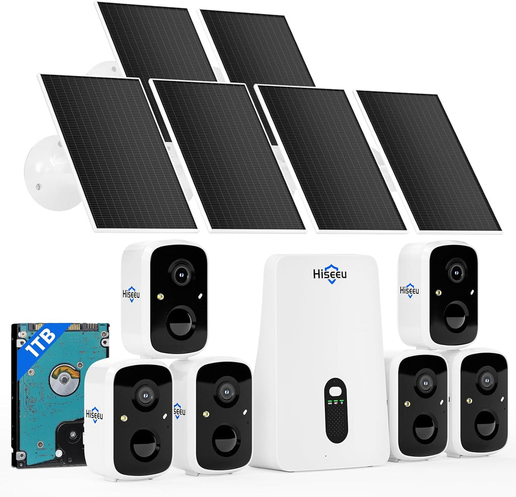 Hiseeu Solar Security Cameras Wireless Outdoor System, 6 Cam-Kit, Expandable to 10CH, No Monthly Fee, Solar-Powered, Home Security Cameras System with 2K Color Night Vision, 2.4G & 5G WiFi, 1TB HDD