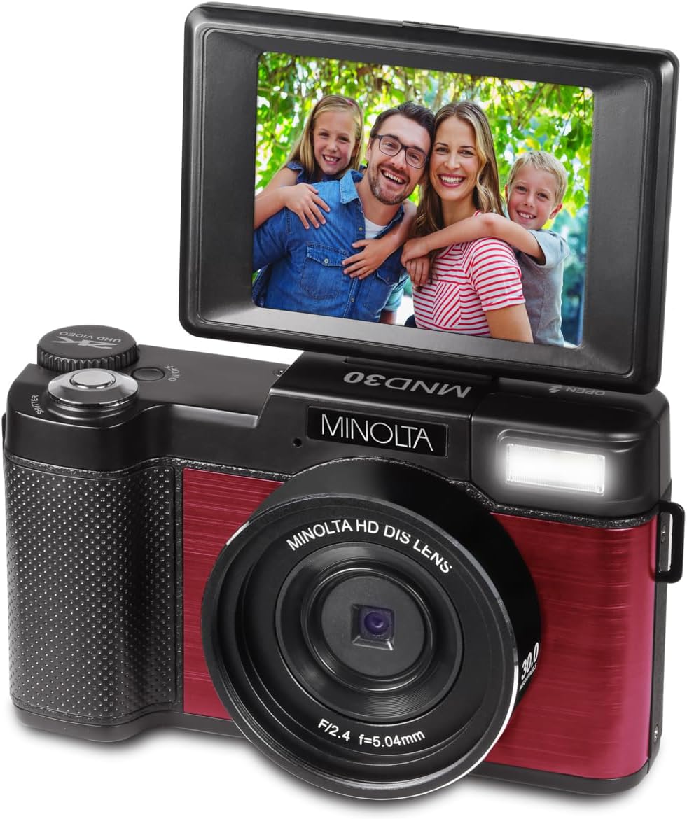Minolta 30MP Digital Camera – 2.7K Ultra HD Video, 3-inch 180° LCD Screen, Face Detection, Anti-Shake, 9 Scene Modes, Photo Burst, Panorama, CMOS Sensor, 32GB Card (Red)