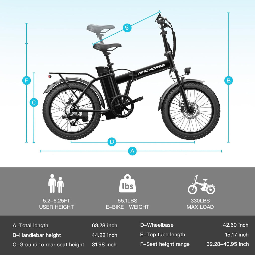 WINDHORSE 16'/ 20' Folding Electric Bike for Adults, 630W/ 983W Peak Electric Bicycle, 20MPH, 20-35/40-70 Miles Range, 288Wh/ 748.8Wh Removable Battery, UL Certified Commuter Ebike