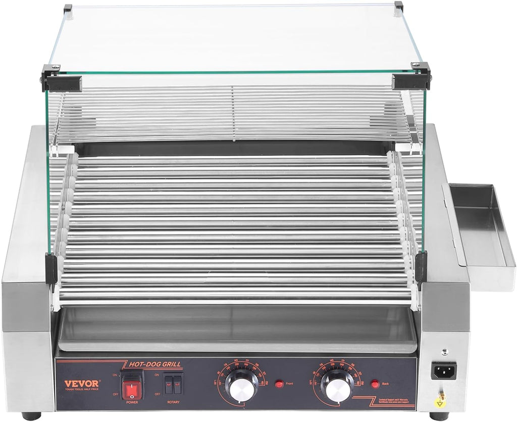 VEVOR Hot Dog Roller, 30 Hot Dog 11 Rollers, Stainless Steel Sausage Grill Cooker, 1600W Commercial Hot Dog Machine with Dual Temp Control, Cover, Side Storage Box, Removable Shelf & Oil Drip Tray