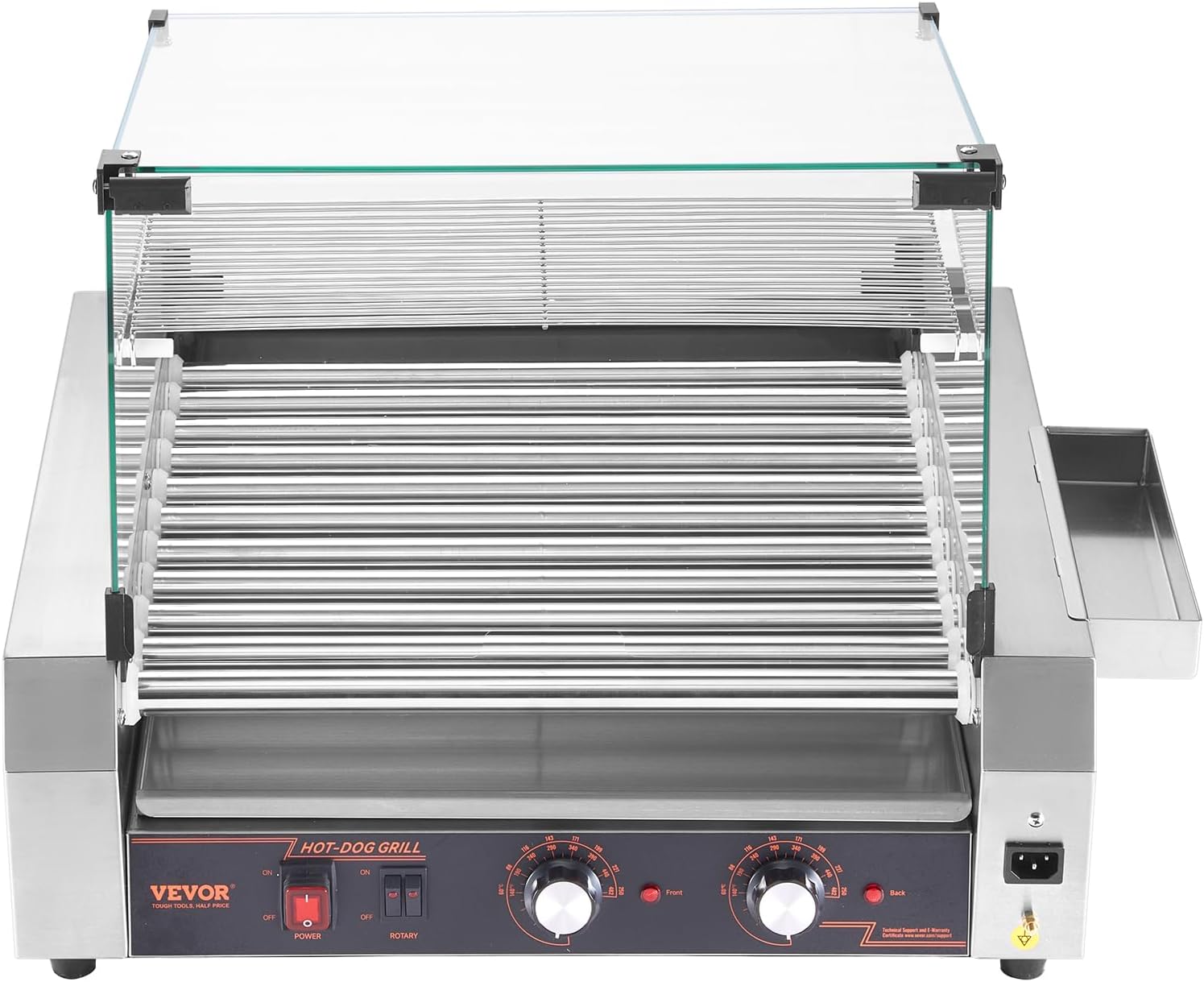 VEVOR Hot Dog Roller, 30 Hot Dog 11 Rollers, Stainless Steel Sausage Grill Cooker, 1600W Commercial Hot Dog Machine with Dual Temp Control, Cover, Side Storage Box, Removable Shelf & Oil Drip Tray
