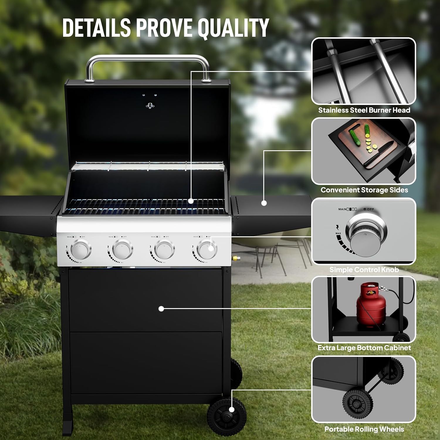 ROVSUN 4-Burner Propane Gas BBQ Grill with Foldable Side Tables & Enameled Cast Iron Grates, 40,000 BTU Barbecue Grill with Portable Wheels for Outdoor Patio Backyard Cooking Grilling, Black