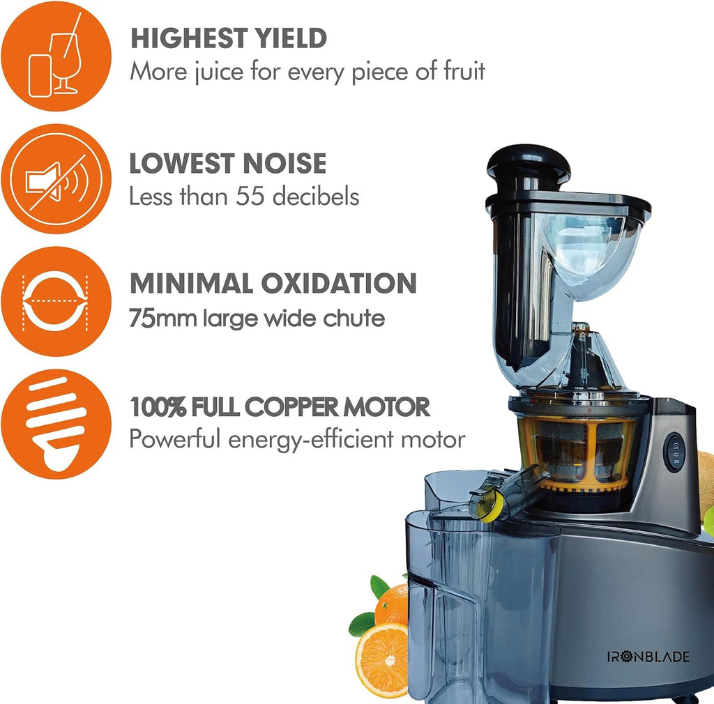 EMB Ironblade IBLJU20 Cold Press Slow Juicer, High-Yield Extraction, Quiet 55dB Operation, 75mm Wide Chute, Full Copper Motor, BPA-Free, Easy to Clean for Fruits & Vegetables