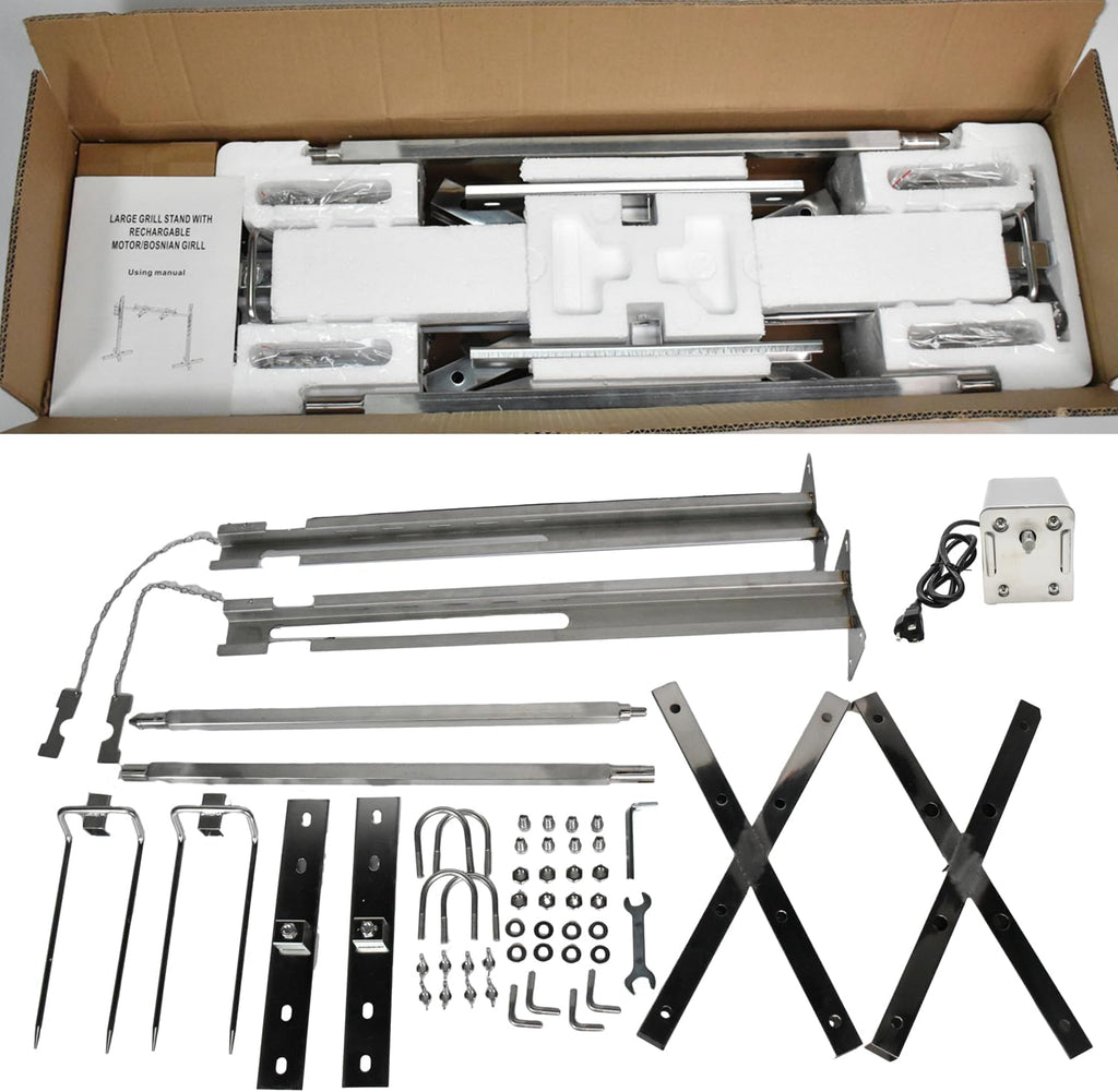 iMeshbean 53inch Barbecue Grill Rotisserie Grill Kit,Stainless Steel Large Grill Rotisserie Spit Roaster Rod, Charcoal BBQ Pig Chicken Rotisserie with 15W Motor Kit for Outdoor Cooking Meat