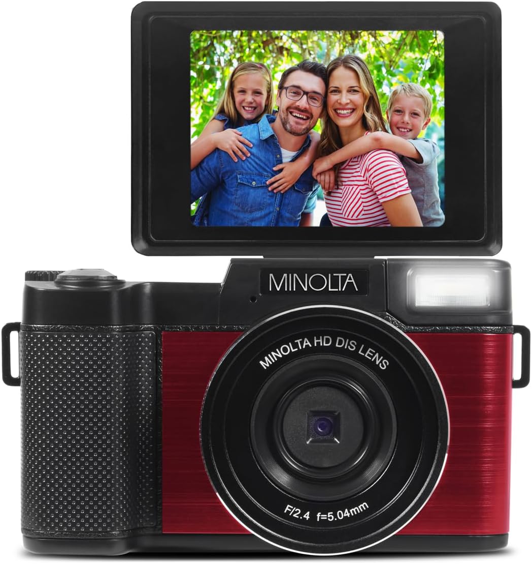 Minolta 30MP Digital Camera – 2.7K Ultra HD Video, 3-inch 180° LCD Screen, Face Detection, Anti-Shake, 9 Scene Modes, Photo Burst, Panorama, CMOS Sensor, 32GB Card (Red)