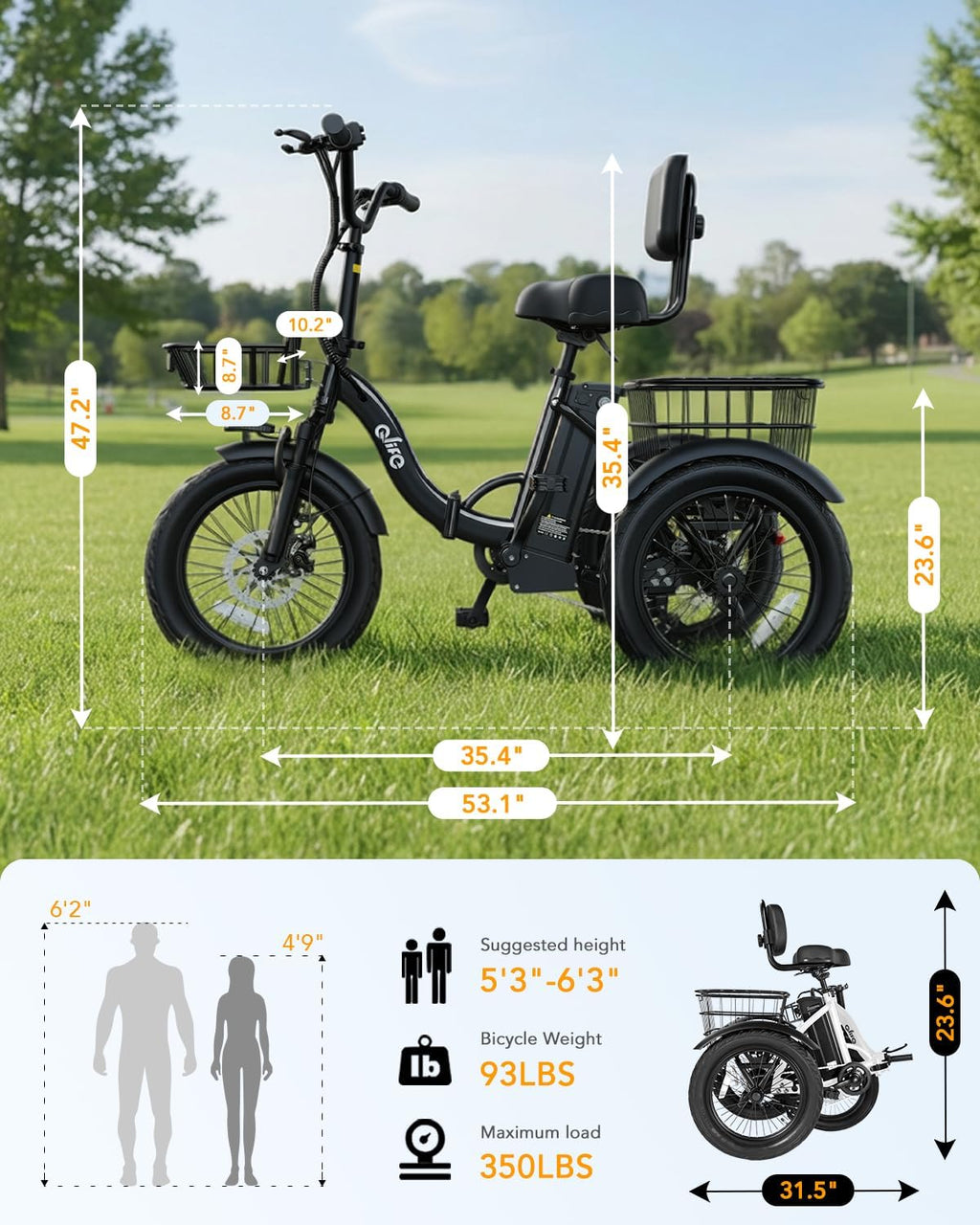 Qlife Triker Electric Bike, 1200W Brushless Motor Folding Trike Ebike, 48V10.4AH Removable Battery, 3 Wheel Electric Bicycle, 18 Tire Tricycle for Adults