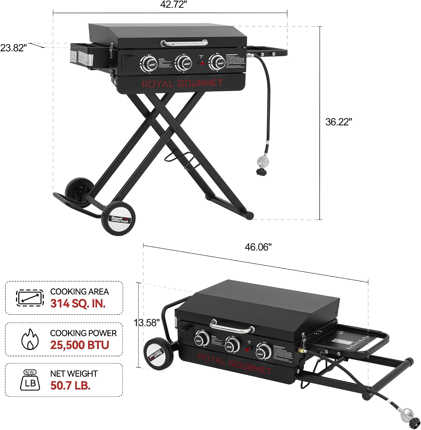 Royal Gourmet PD3001 3-Burner Propane Gas Griddle with Collapsible Stand, 23-Inch Portable Griddle with Side Table & 314 Sq. In. Cooking Area for Camping, Tailgating, Backyard & Patio, Black