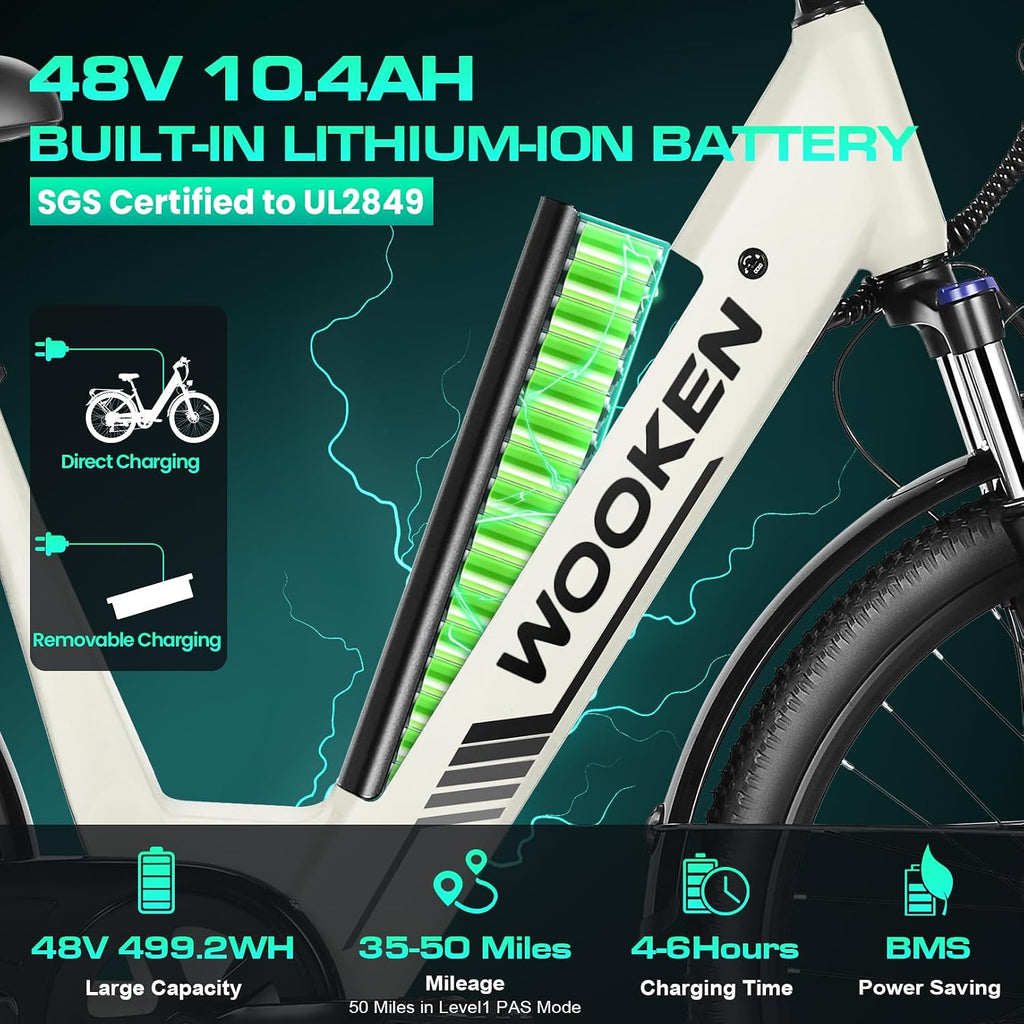 Wooken Electric Bike for Adults, 1000W Peak Ebike, 26' x 2.1' Tire Step Through Electric Bike, City Cruiser Ebike with 48V 10.4/15Ah Removable Battery, 7 Speed, SGS Certified to UL2849