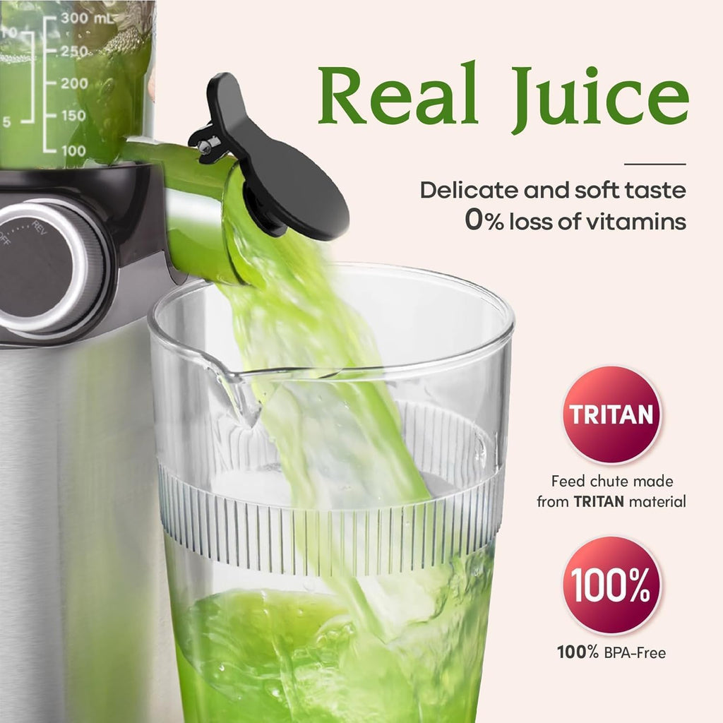 Anybear Cold Press Juicer 200W Masticating Slow Juicer 4.3' Large Feed Chute Fit Whole Fruits Vegetables | Upgraded Auger | Tritan Material | BPA Free | Juice Recipes (Silver Gray)