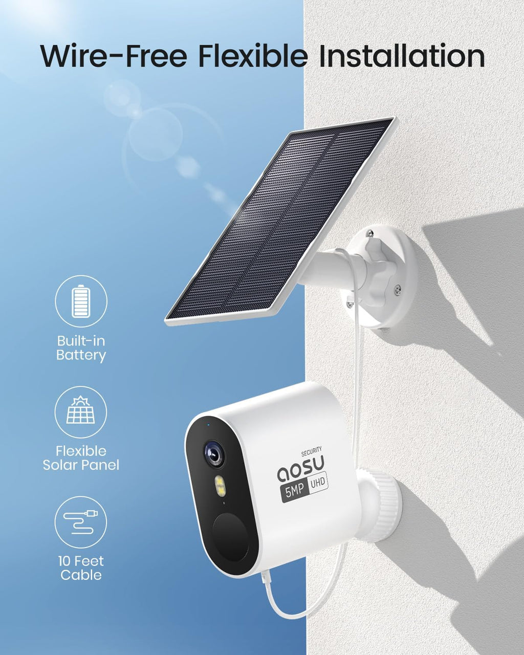 aosu Add-on Cam, 3K/5MP, Solar Powered, Up to 4PCS Security Cameras Can be Connected to 1 aosuBase, Requires SolarCam/WirelessCam System's aosuBase (Not Doorbell Base Station)