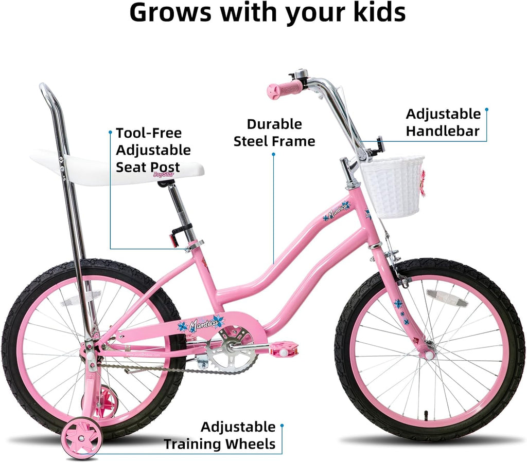 JOYSTAR Manteca 20 Inch Kids Bike with Training Wheels, Banana Seat Bike for Girls Ages 6 and Up, Kids' Bicycle, Adjustable Seat & Handlebars