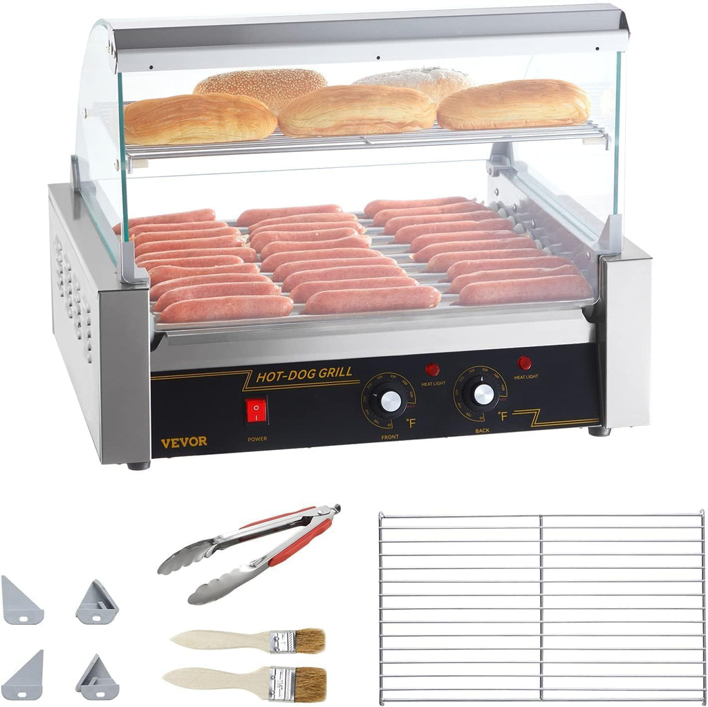 VEVOR Hot Dog Roller, 30 Hot Dog Capacity 11 Rollers, 1800W Stainless Steel Cook Warmer Machine w/Cover & Dual Temp Control, LED Light & Detachable Drip Tray, Sausage Grill Cooker for Kitchen Canteen