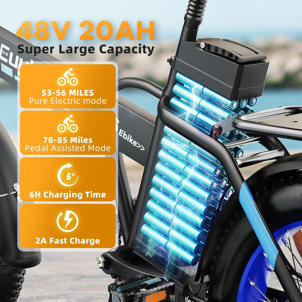 bluebiko 1000W Folding Electric Bike, 48V 20AH Large Removable Battery E Bike, 80 Miles Max Range, 20' Fat Tire Electric Bike for Adults, Adult Electric Bicycles for Commute Beach Snow