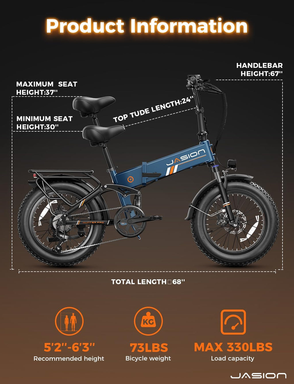 Jasion X Hunter PRO Electric Bike for Adults,1800W Peak 20''Fat Tire Foldable E Bikes,Folding Ebike Up to 80 Miles Range 30 MPH,720 WH Removable Battery,Certified by UL2849，X Hunter Upgrade