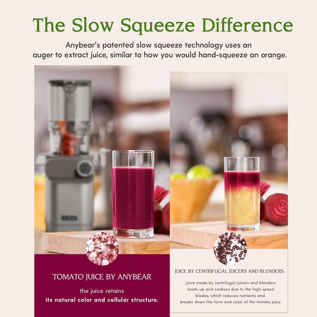 Anybear Slow Juicer, 200W Cold Press Juicer 4.3' Large Feed Chute Fit Whole Fruits Vegetables | Heavy-Duty Auger | Tritan Material | BPA Free | Juice Recipes (Silver Gray)