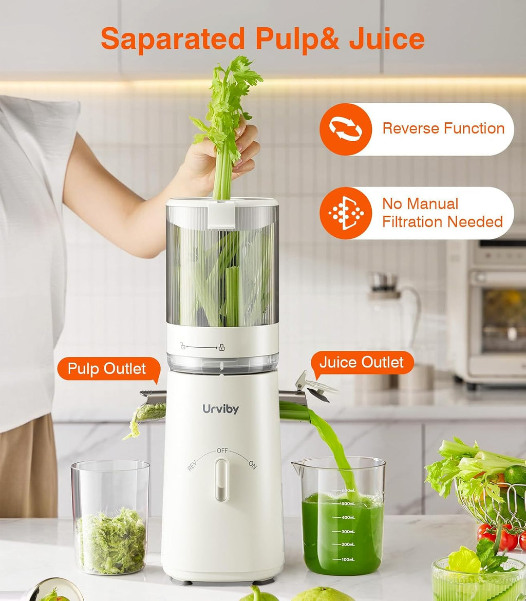 Juicer Machines, 2-in-1 Cold Press Juicer for Juice & Sorbet, suit for Vegetable and Fruit with 5-Inch Wide Chute, Powerful Masticating//High-Yield High Nutrients/Rev Mode/Easier Clean (White)