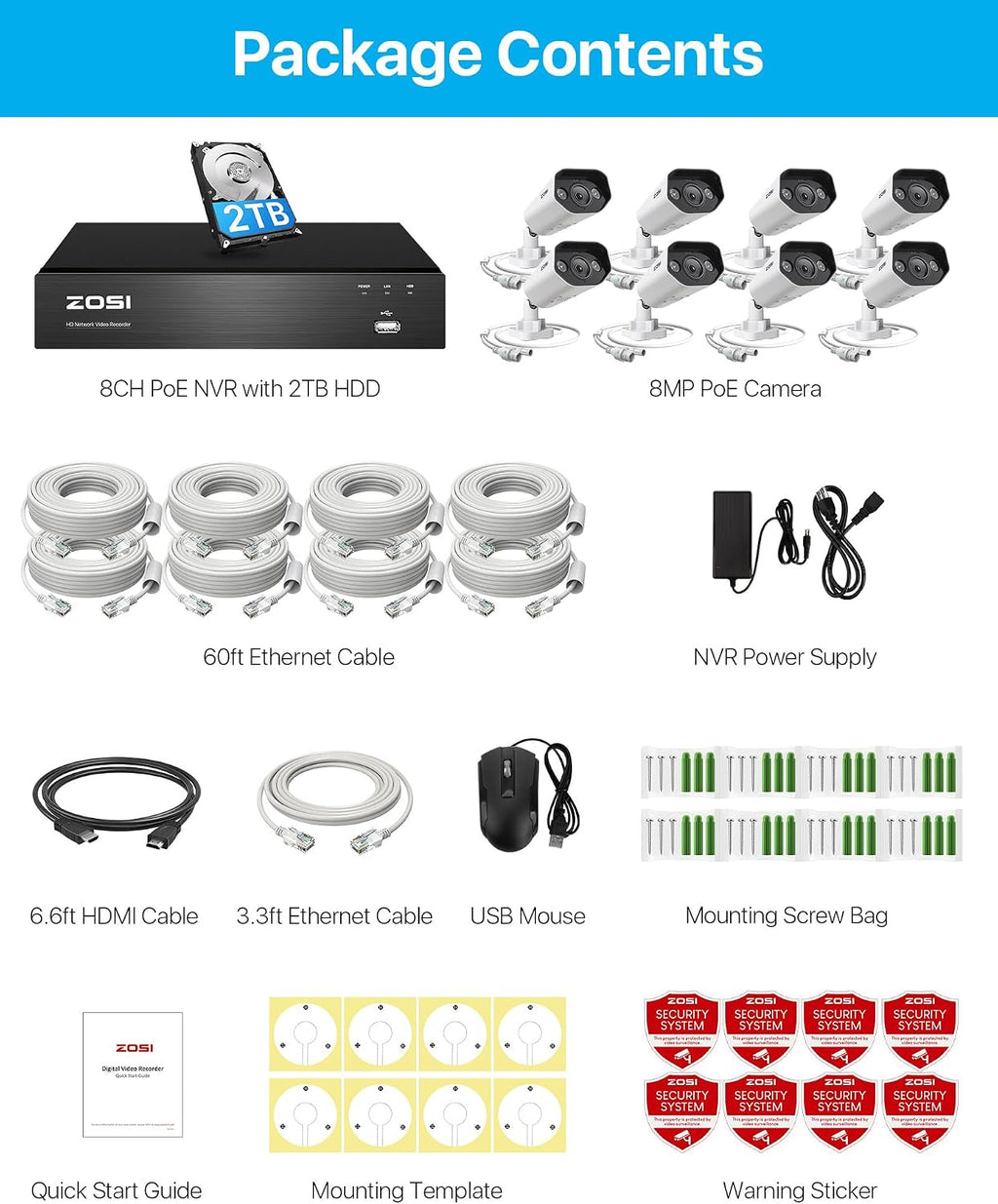 ZOSI 8CH 4K Spotlight PoE Security Camera System, 8pcs 8MP Outdoor Indoor Metal Cameras, Person/Vehicle Detection, 2 Way Audio, Color Night Vision, 8Channel NVR with 2TB HDD for Home 24/7 Recording
