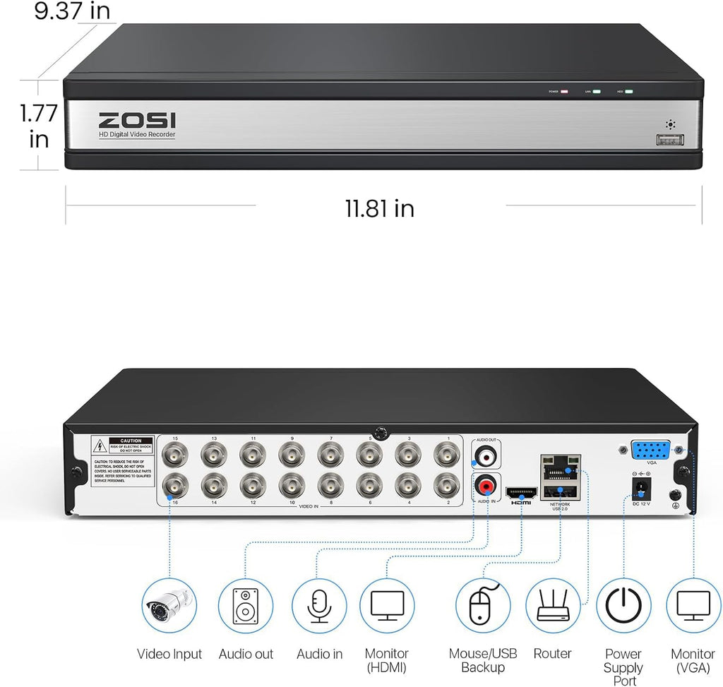 ZOSI H.265+ 1080P FHD 16 Channel DVR for Home Security Camera System with AI Human Vehicle Detection, Hybrid 4-in-1(Analog/AHD/TVI/CVI) Surveillance CCTV DVR Recorder, Remote Access, Email Alarm